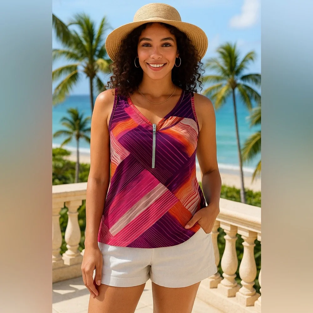 DKNY Jeans Women’s Sleeveless Zip Front Tank Top Multicolor Abstract Print Y2K M - Picture 1 of 11
